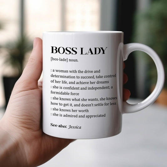 Boss lady personalized mug featuring a definition of a boss lady with a stylish design