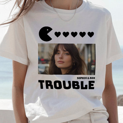 White vintage style matching trouble shirts for couples with Pac-Man and heart design