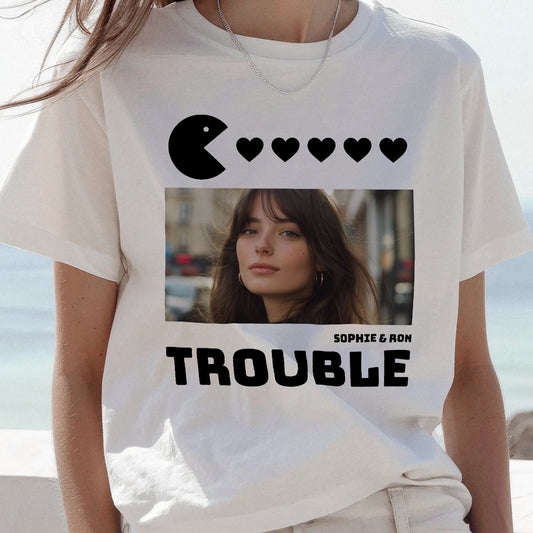 White vintage style matching trouble shirts for couples with Pac-Man and heart design