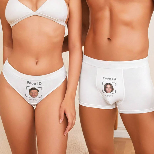Personalized couple underwear with custom face ID and names printed on white briefs and panties