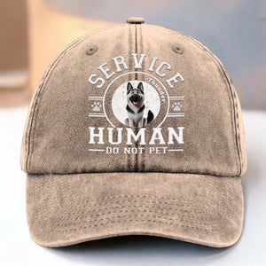 Brown service dog cap for pet lover with 'Service Human Do Not Pet' text and husky graphic