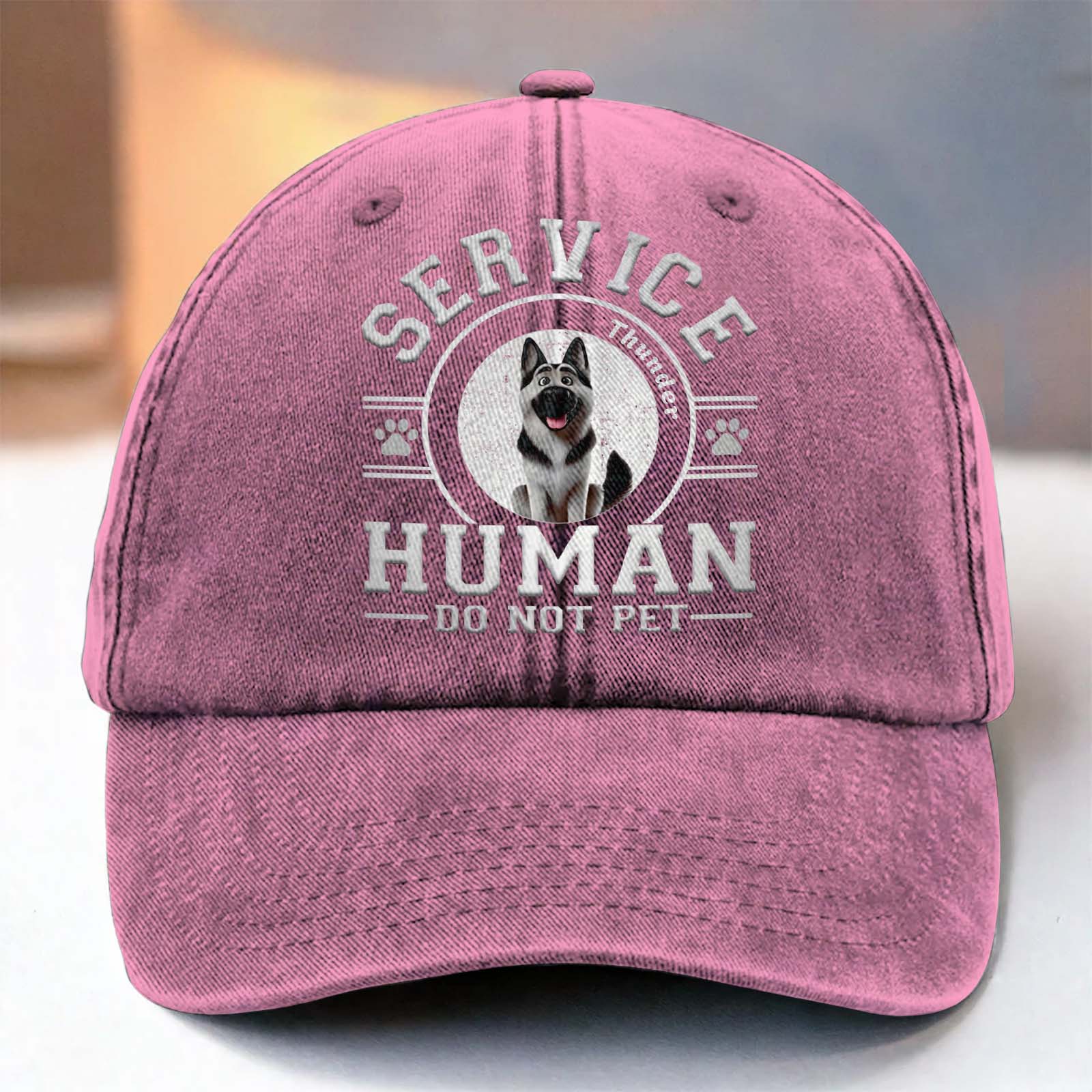 Pink cap with service dog graphic and text featuring a husky for a Cap For Pet Lover