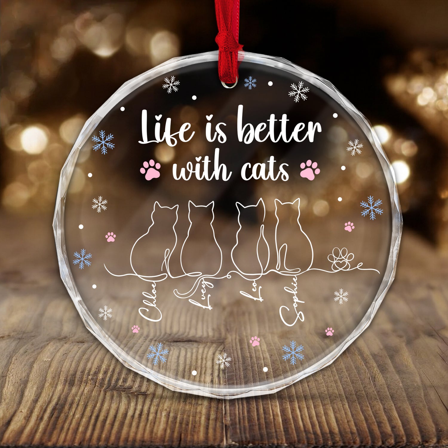 Beautiful cat lover glass ornament featuring the phrase Life is better with cats and artistic cat silhouettes
