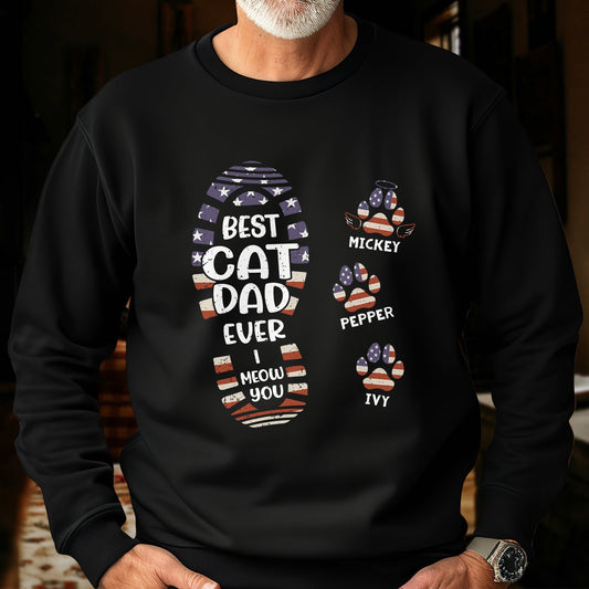Black sweatshirt featuring cat paw print personalized shirt design with American flag pattern and cat names Mickey Pepper Ivy