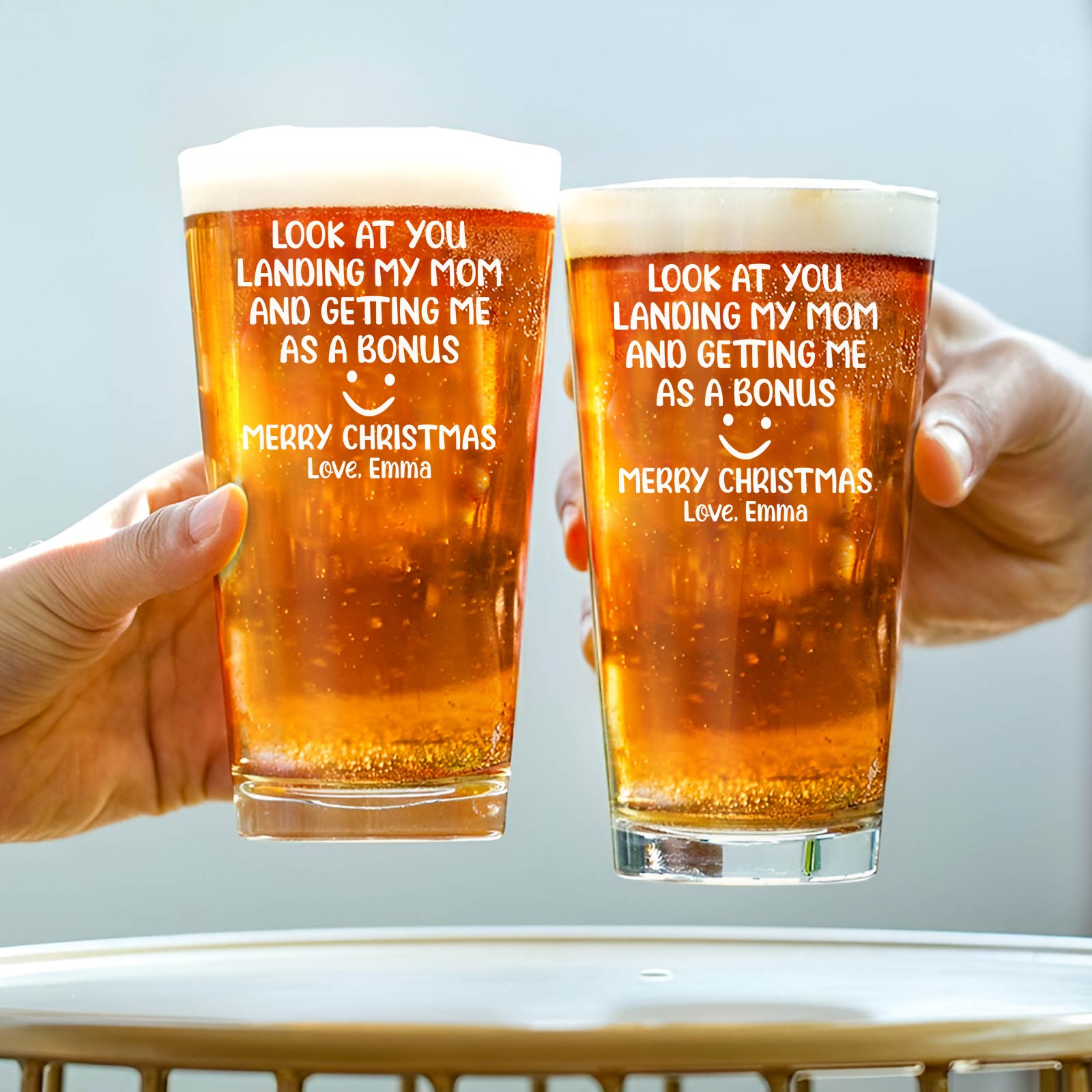 Personalized Whiskey Glass engraved with funny Christmas message Look at you landing my mom two glasses toasted
