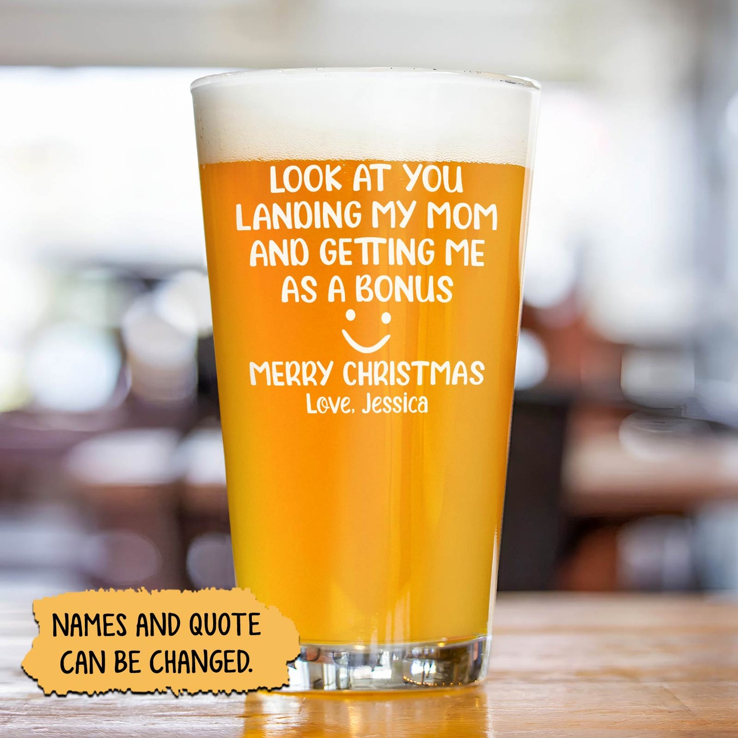 Personalized Whiskey Glass engraved pint glass with amber beer and white Merry Christmas message by 365Gifty