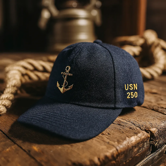 365Gifty classic US navy anchor cap in navy blue with gold anchor embroidery and USN 250 text