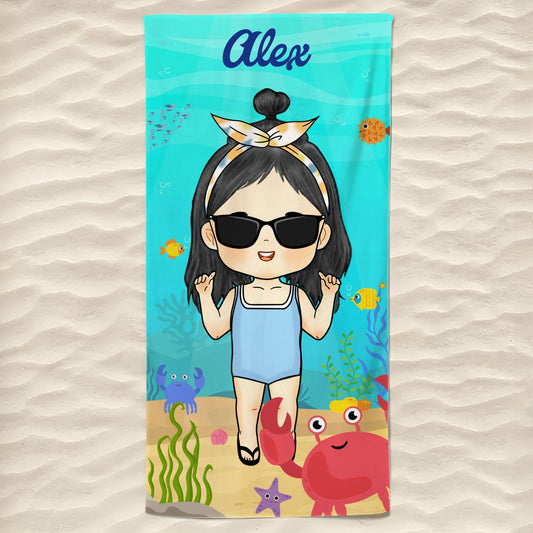 Personalized Beach Towel featuring cartoon girl in blue swimsuit named Alex wearing sunglasses with crab and sea life background