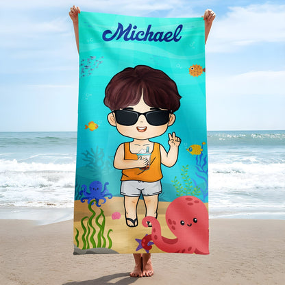 Personalized Beach Towel featuring cartoon boy named Michael in sunglasses with sea creatures