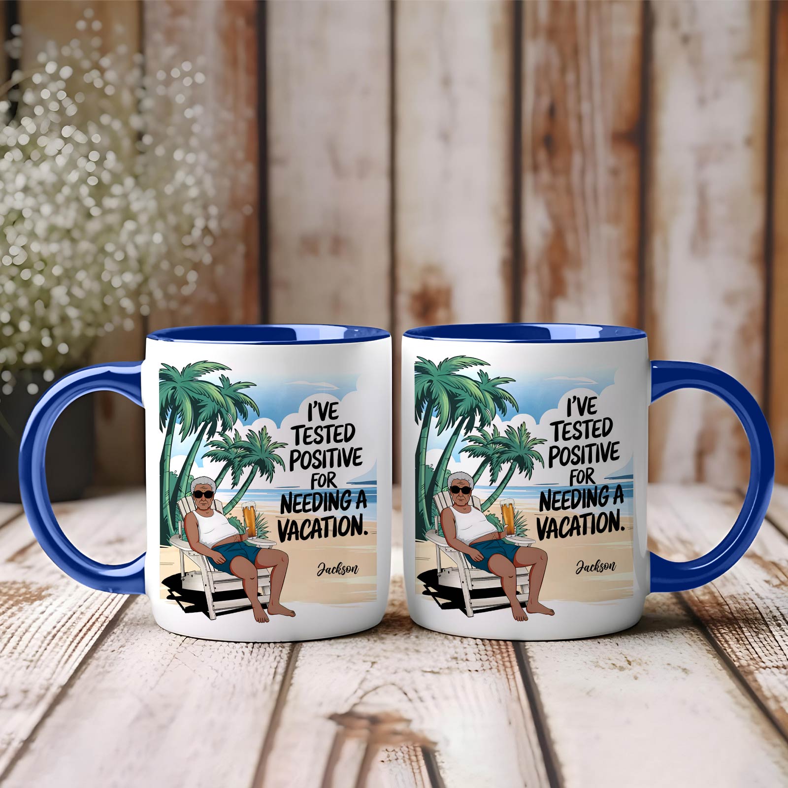 365Gifty custom travel accent mug showing two blue rim mugs with man lounging under palm trees and vacation quote