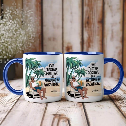 365Gifty custom travel accent mug showing two blue rim mugs with man lounging under palm trees and vacation quote