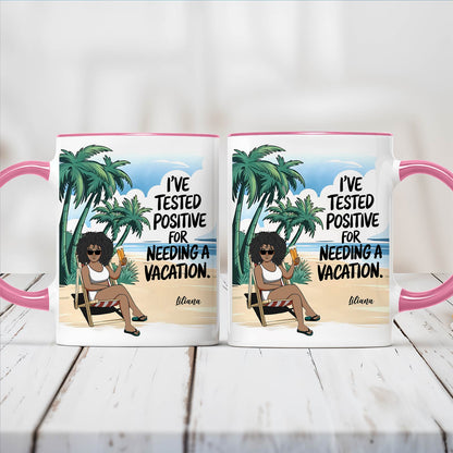 custom travel accent mug pink handle beach design with woman lounging under palms and Ive tested positive for needing a vacation