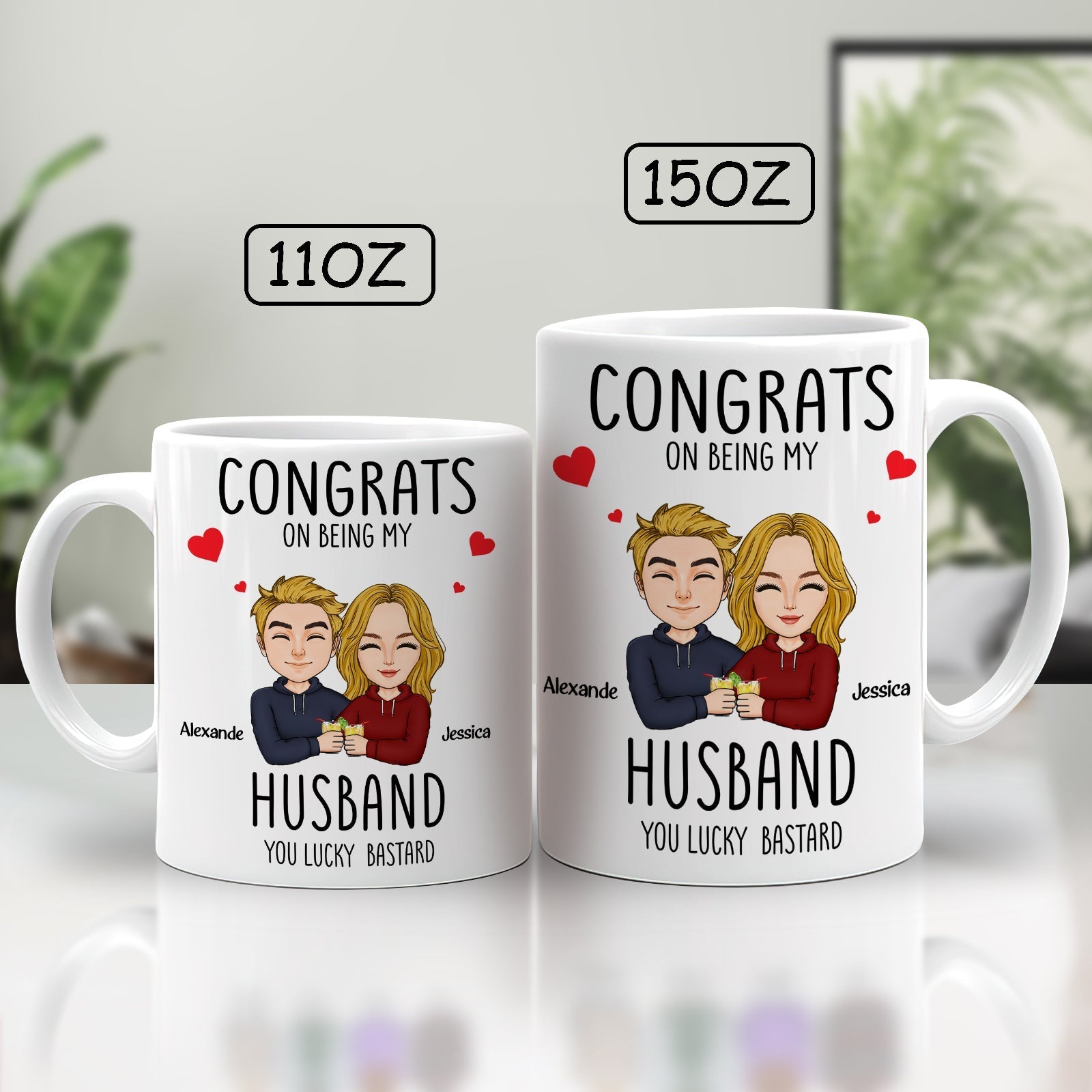 Congrats on being my husband mug in 11oz and 15oz sizes with cartoon couple and personalized names