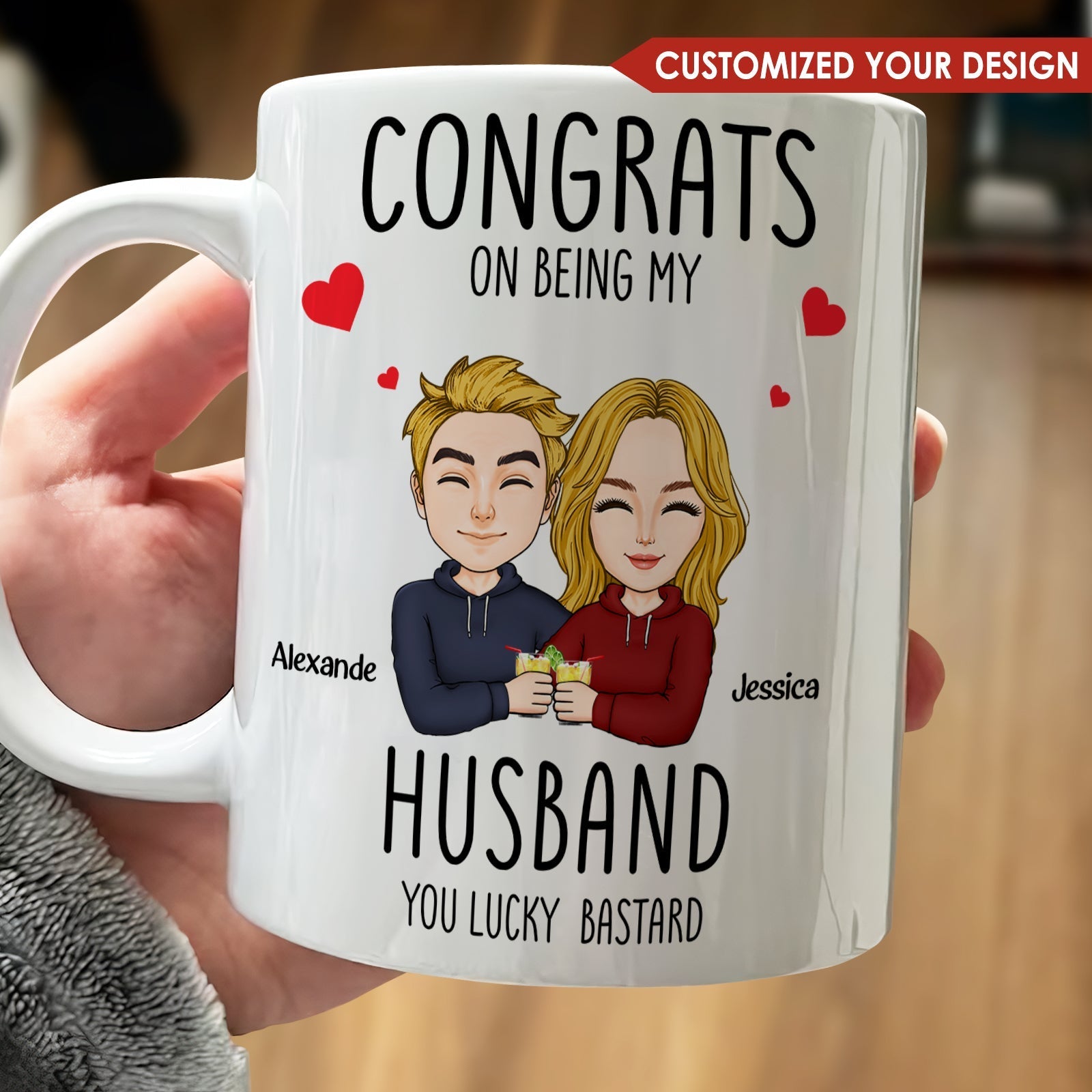 Congrats on being my husband mug with custom cartoon couple and personalized names
