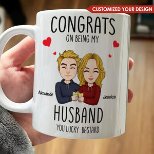 Congrats on being my husband mug with custom cartoon couple and personalized names