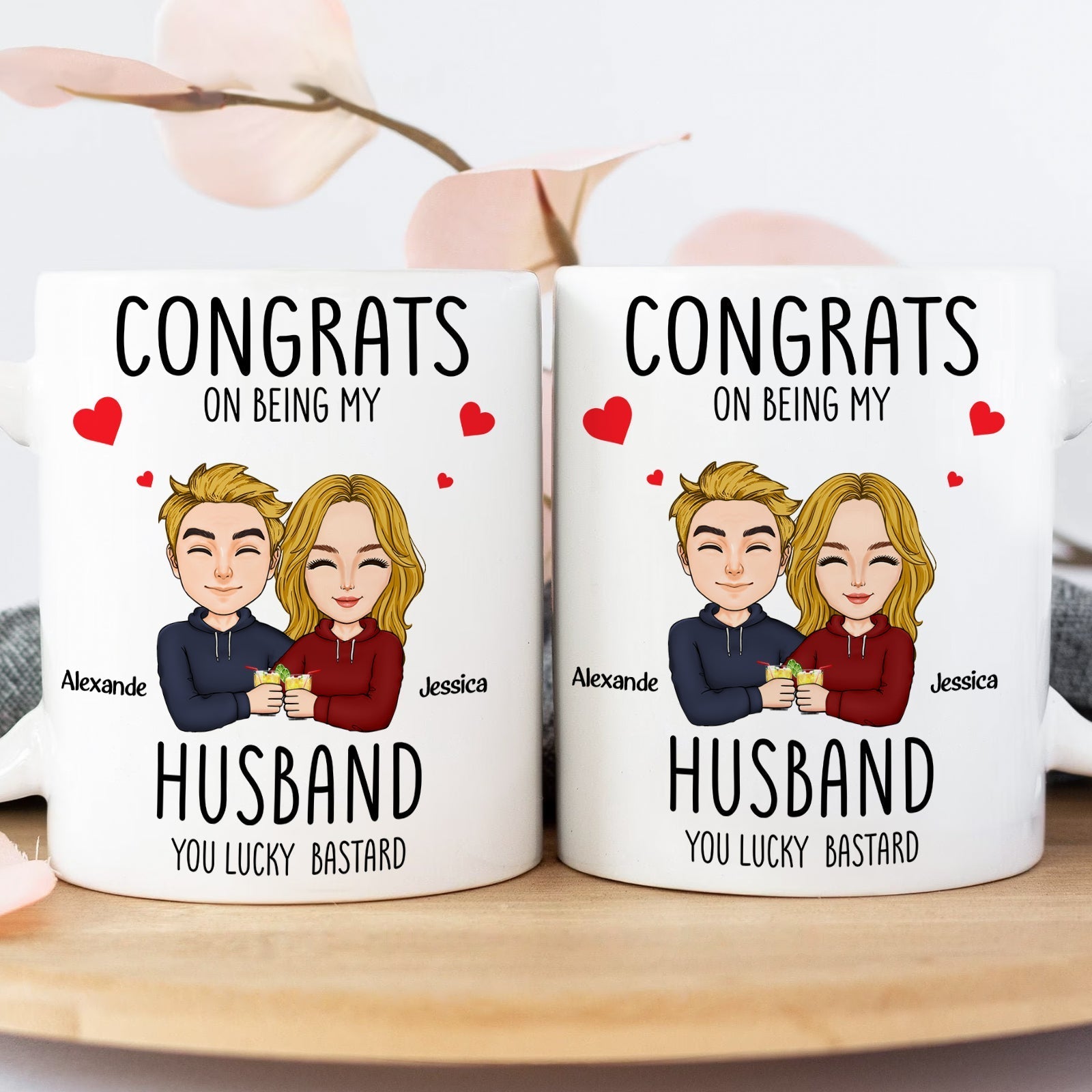 Congrats on being my husband mug with cartoon couple and personalized names on white ceramic cup