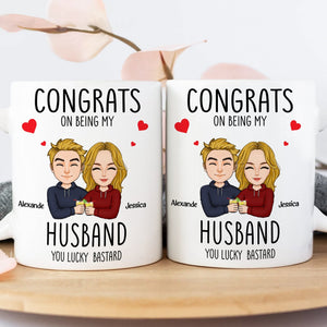 Congrats on being my husband mug with cartoon couple and personalized names on white ceramic cup