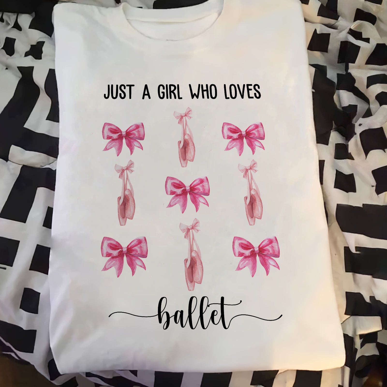 White coquette pink bow baseball tee with ballet shoes and bows design saying Just a girl who loves ballet