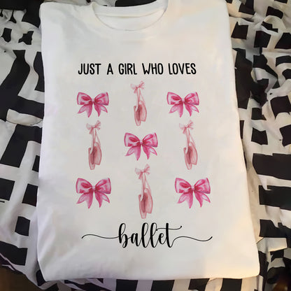 White coquette pink bow baseball tee with ballet shoes and bows design saying Just a girl who loves ballet