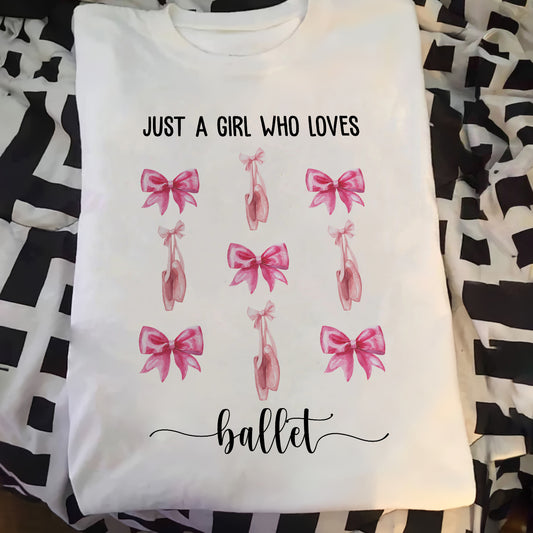 White coquette pink bow baseball tee with ballet shoes and bows design saying Just a girl who loves ballet