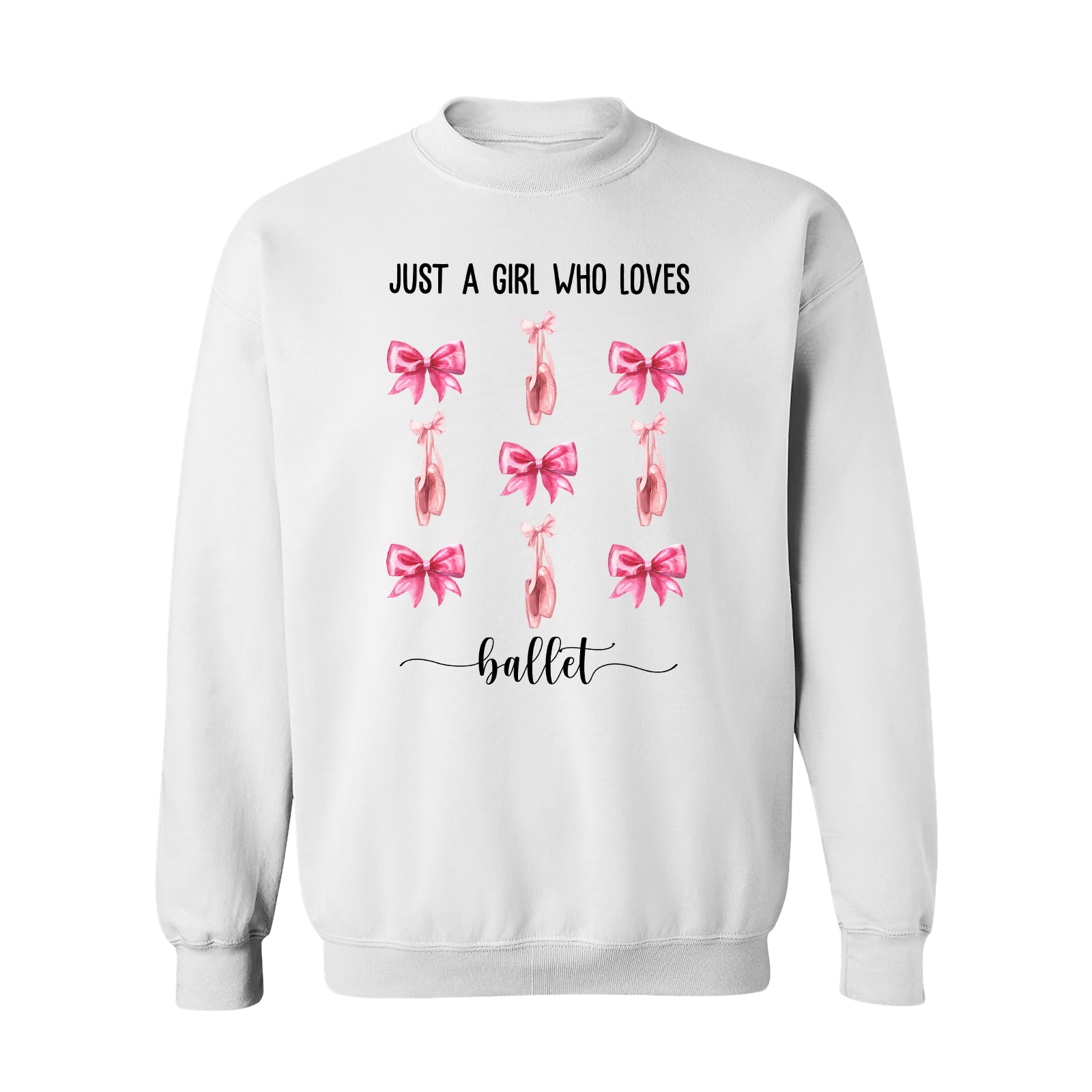 White sweatshirt with ballet shoes and pink bows design and text Just a girl who loves ballet coquette pink bow baseball tee