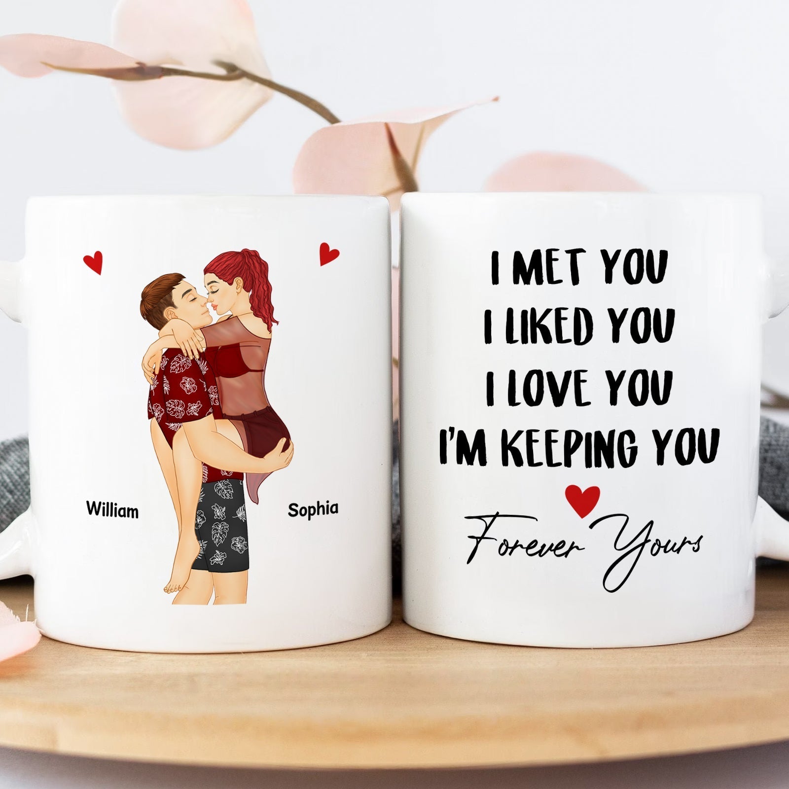 I met you I love you personalized gift mug with couple illustration and romantic text design