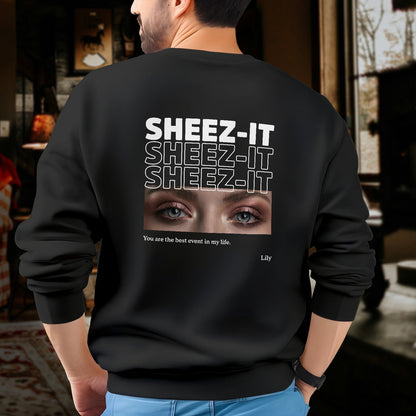Black sweatshirt with custom matching shirts for couples design featuring eyes and text sheez-it