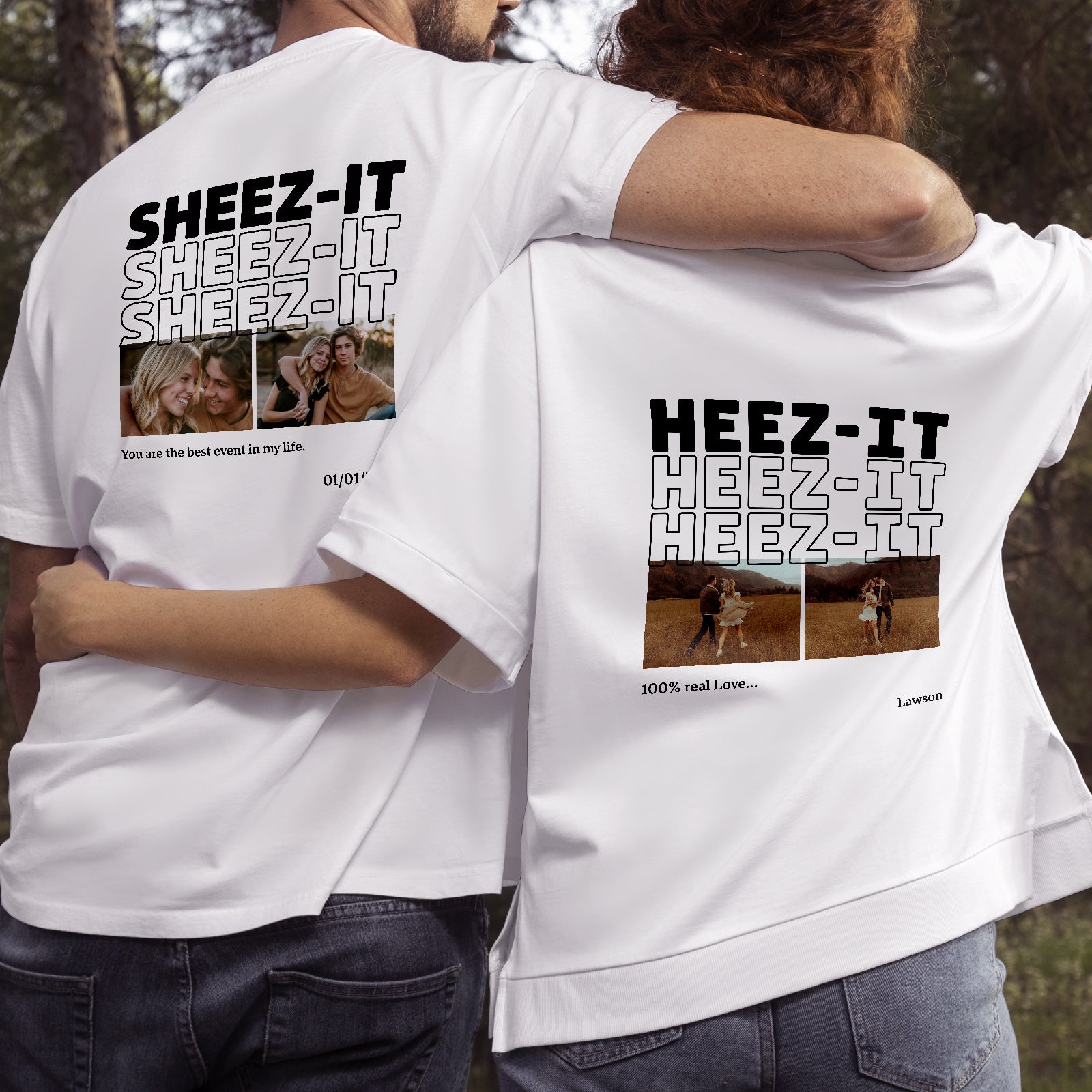 Couple wearing 365Gifty custom matching shirts for couples with personalized photo and text designs on back