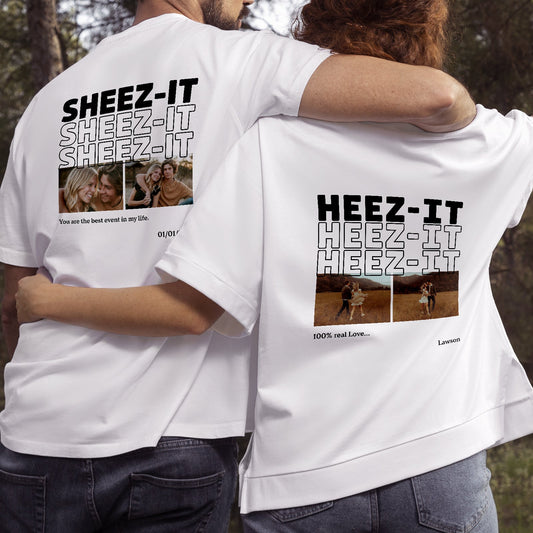 Couple wearing 365Gifty custom matching shirts for couples with personalized photo and text designs on back
