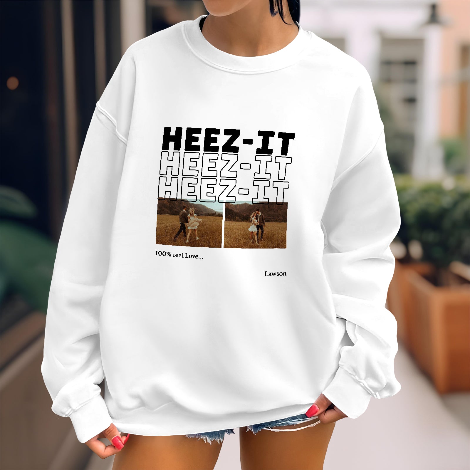 White sweatshirt featuring custom matching shirts for couples design with photos and text for 365Gifty