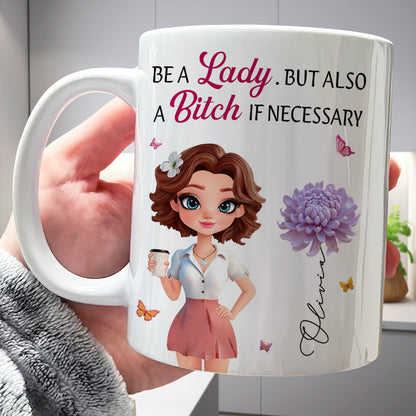 custom bestie coffee mug for women white ceramic mug held in hand with cartoon woman purple chrysanthemum and butterflies