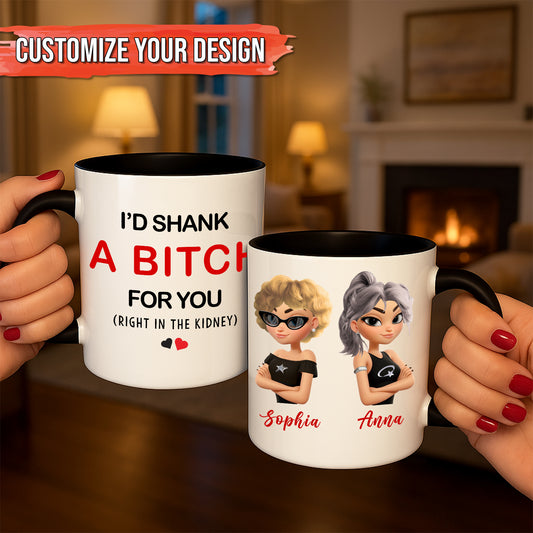 Two white ceramic personalized best friend mug set with black interiors featuring funny quote and custom avatars