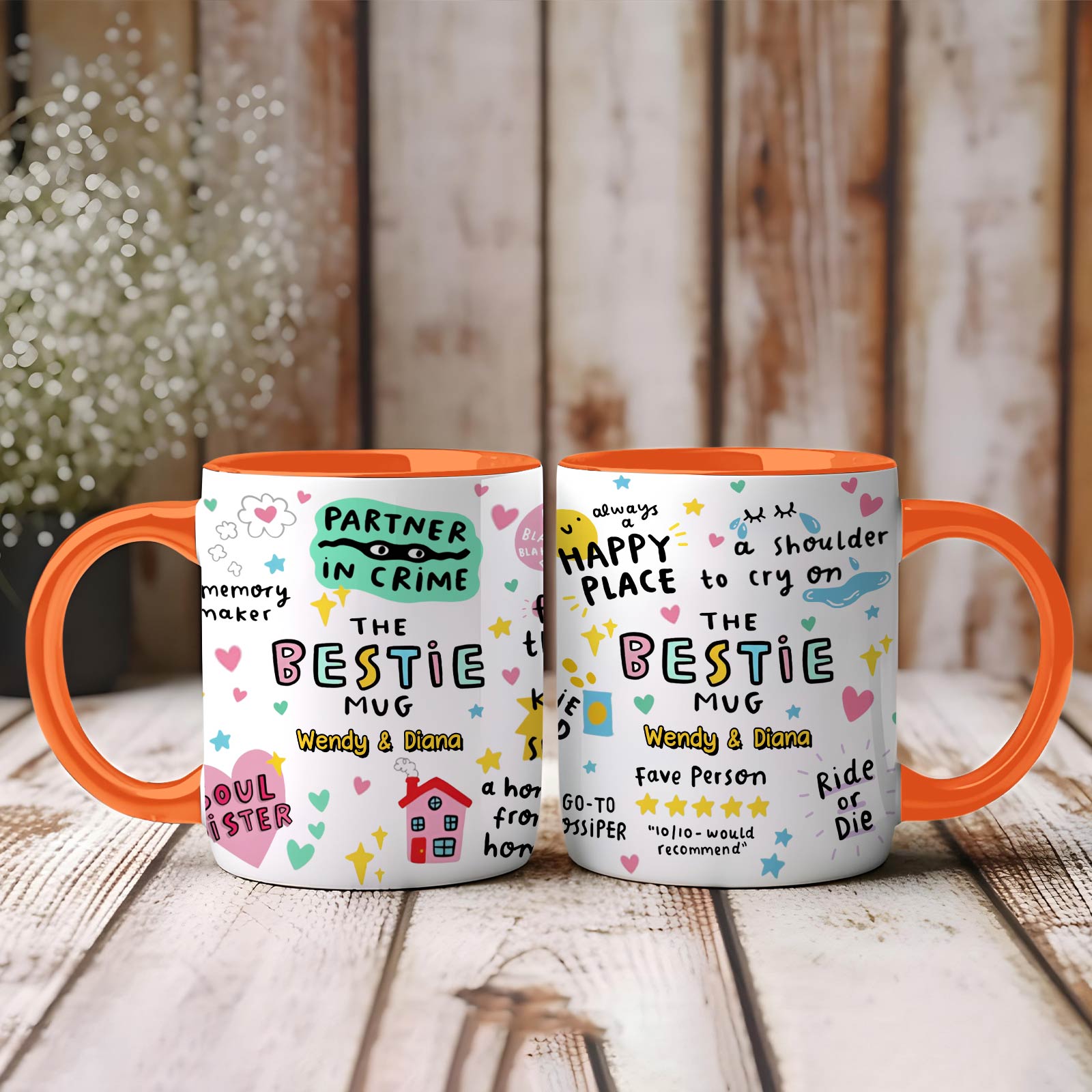 Set of two personalized best friend mug bestie mugs with orange handles colorful doodles hearts and names Wendy and Diana