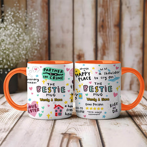 Set of two personalized best friend mug bestie mugs with orange handles colorful doodles hearts and names Wendy and Diana