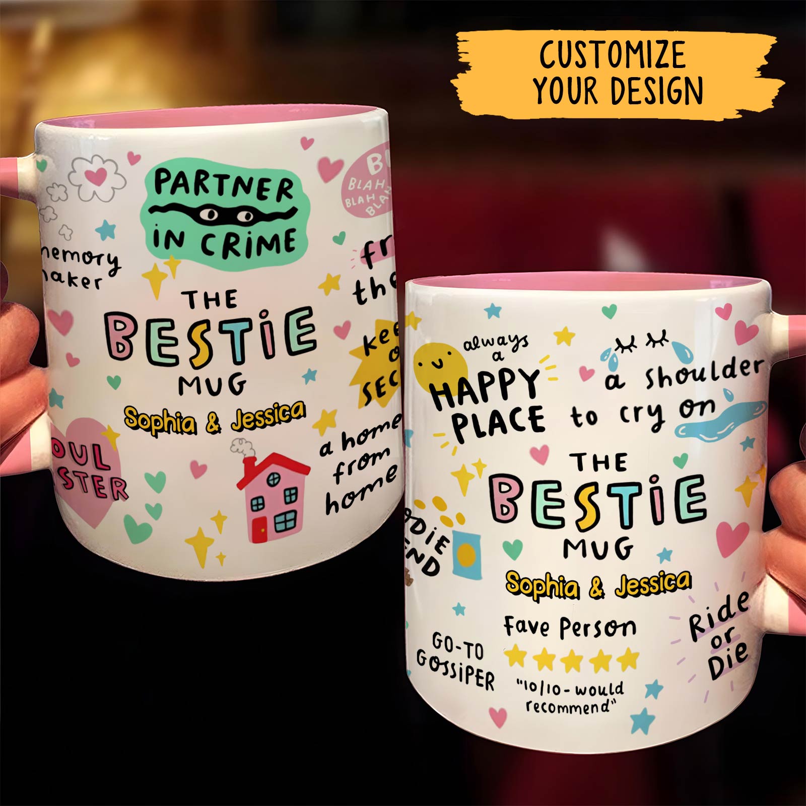 personalized best friend mug two white ceramic mugs with pink interior colorful doodles The Bestie names Sophia and Jessica