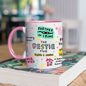 365Gifty personalized best friend mug white ceramic with pink handle and interior showing custom names on colorful design