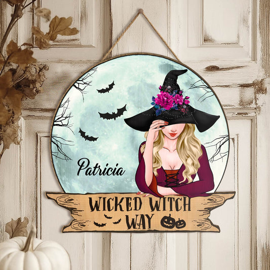 personalized Halloween wooden door sign round hanging plaque with witch in black hat bats moon and name Patricia