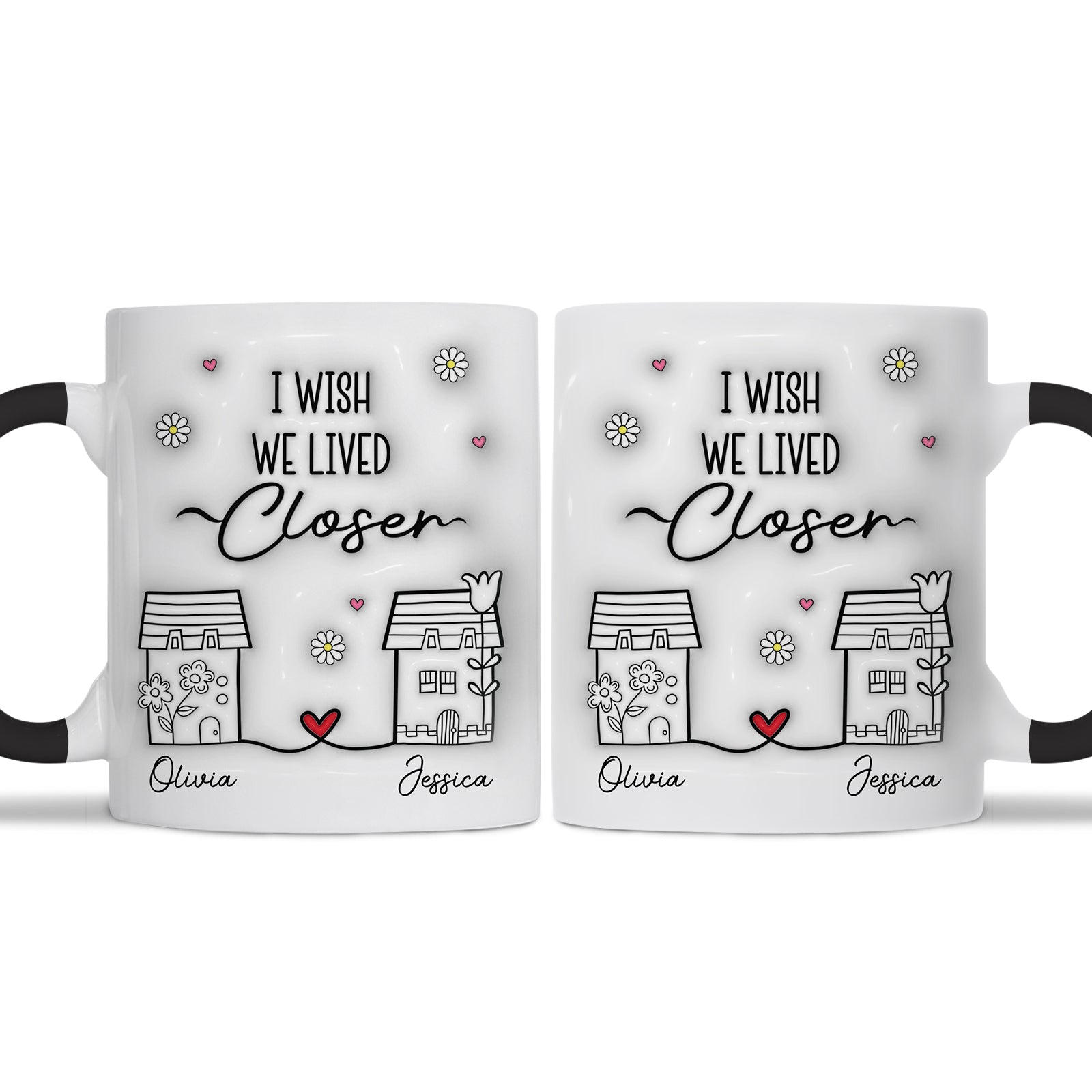 365Gifty ceramic mug set saying I wish we lived closer with two houses and names Olivia Jessica friendship long distance gift