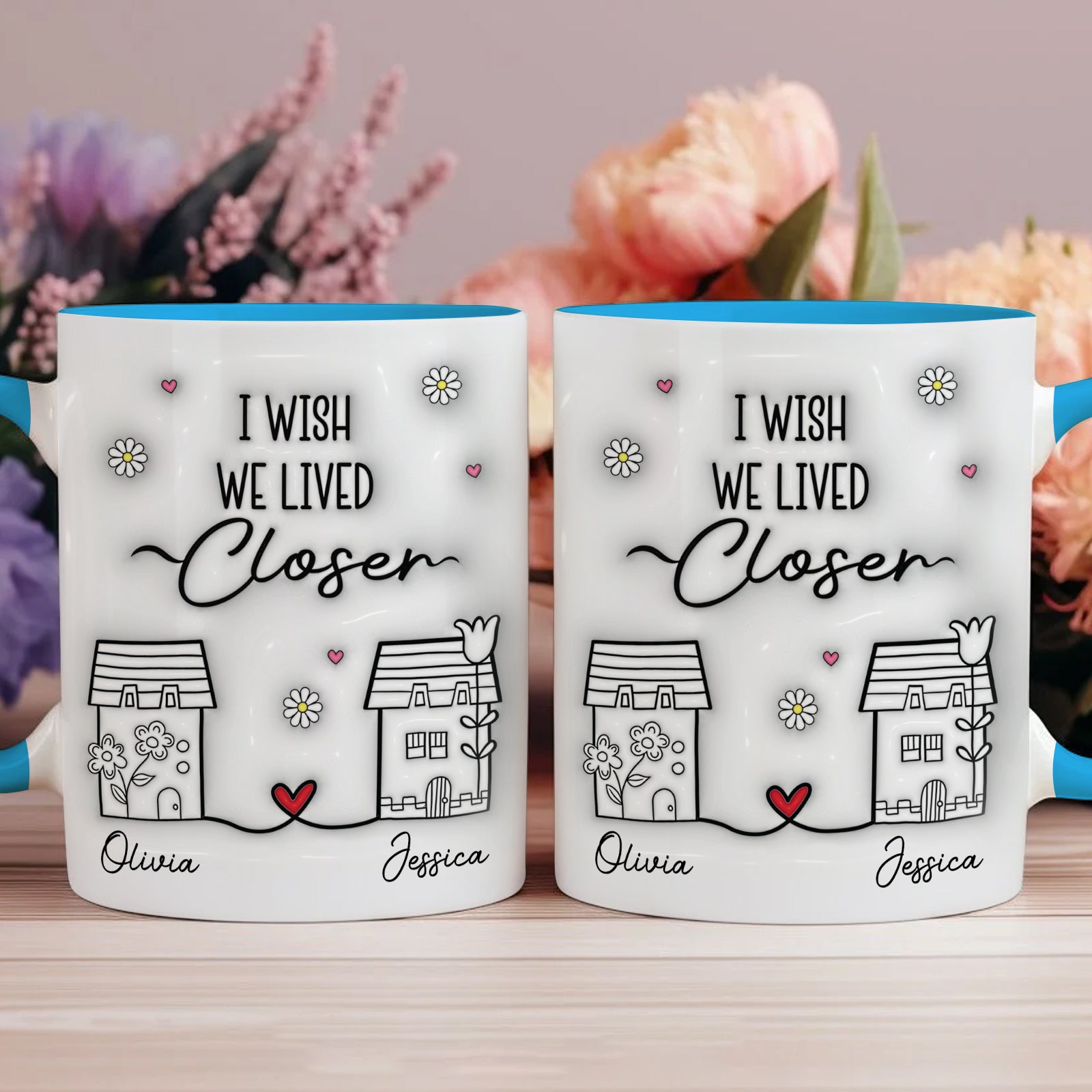 365Gifty ceramic mugs set with I wish we lived closer design houses hearts names Olivia and Jessica friendship long distance gift