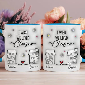 365Gifty ceramic mugs set with I wish we lived closer design houses hearts names Olivia and Jessica friendship long distance gift
