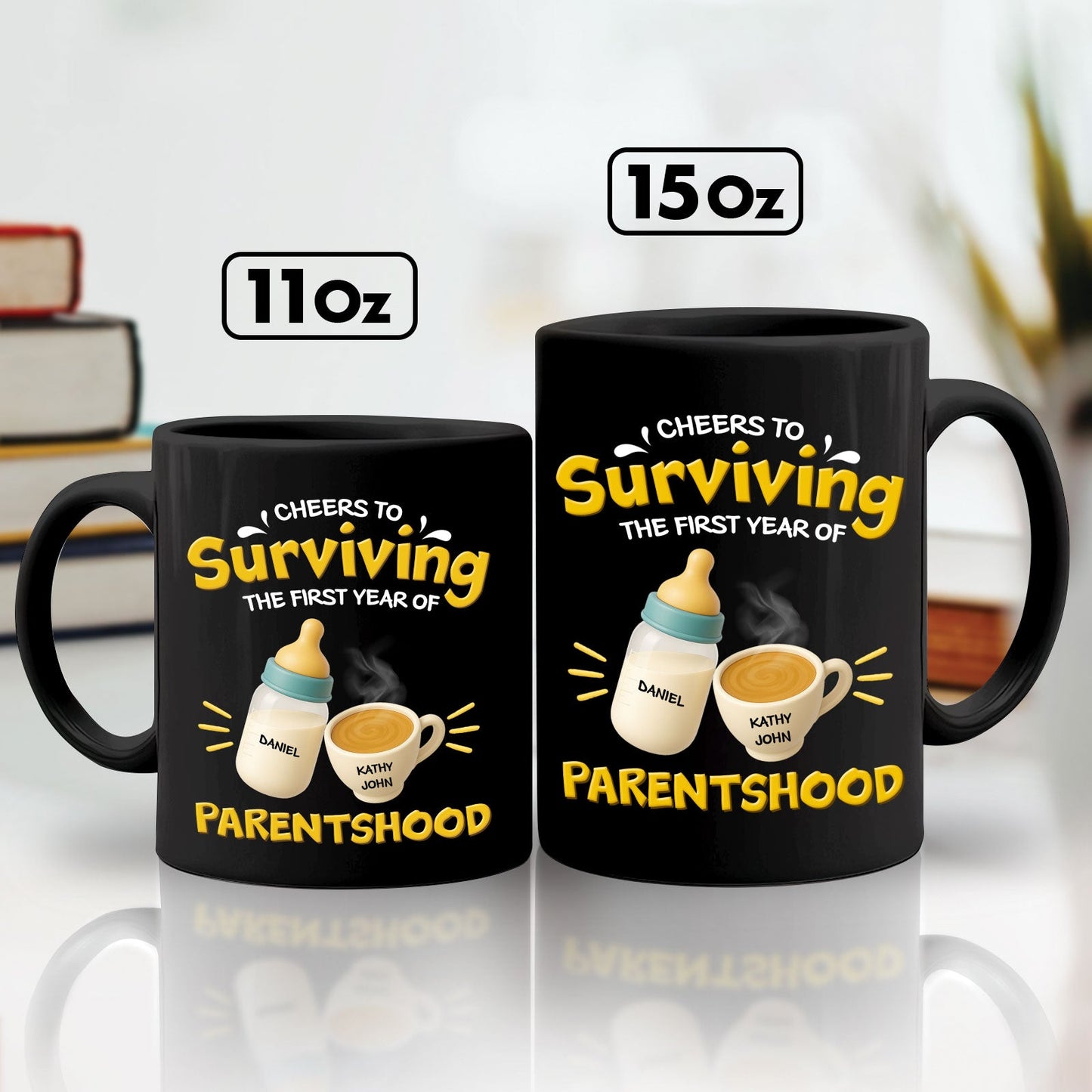 365Gifty personalized first year of parenthood mug set black 11oz and 15oz with baby bottle and coffee design