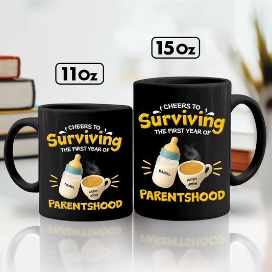 365Gifty personalized first year of parenthood mug set black 11oz and 15oz with baby bottle and coffee design