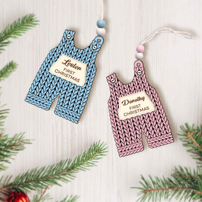 Custom 2-layered Christmas ornament for baby shaped like blue and pink knitted overalls with personalized name tags