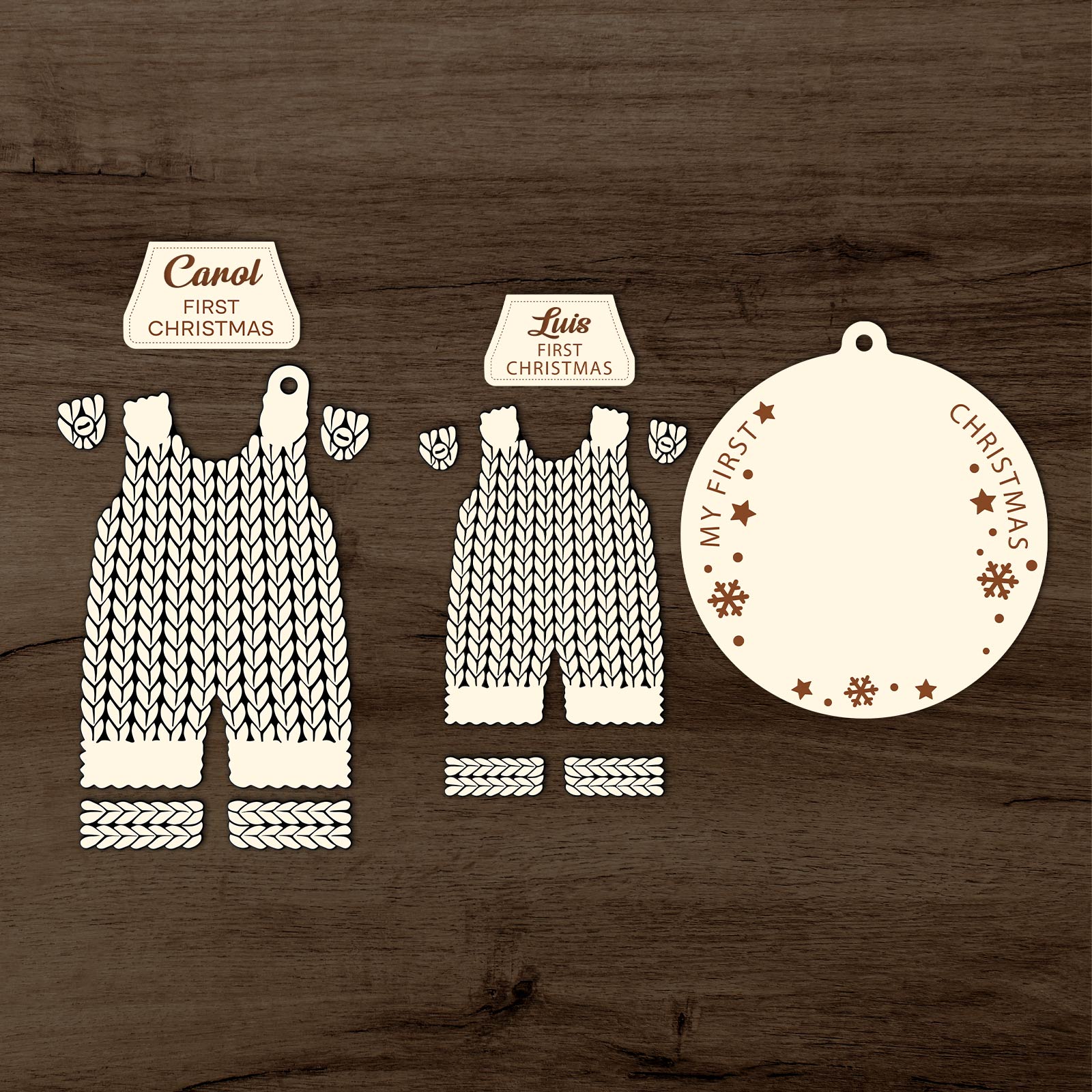 Custom 2-layered Christmas ornament for baby with knitted overalls and personalized first Christmas tags