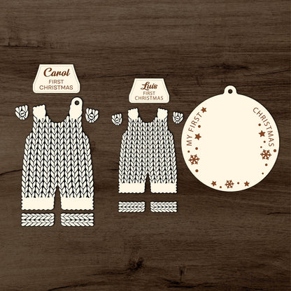 Custom 2-layered Christmas ornament for baby with knitted overalls and personalized first Christmas tags