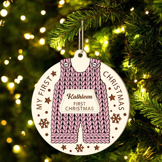 Custom 2-layered Christmas ornament for baby with pink knitted overalls and personalized name Kathleen