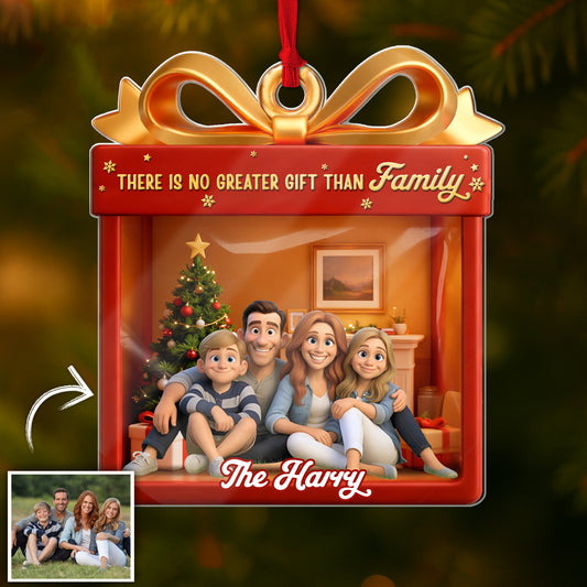 Custom acrylic Christmas ornament featuring a family photo with festive decoration and a gift bow