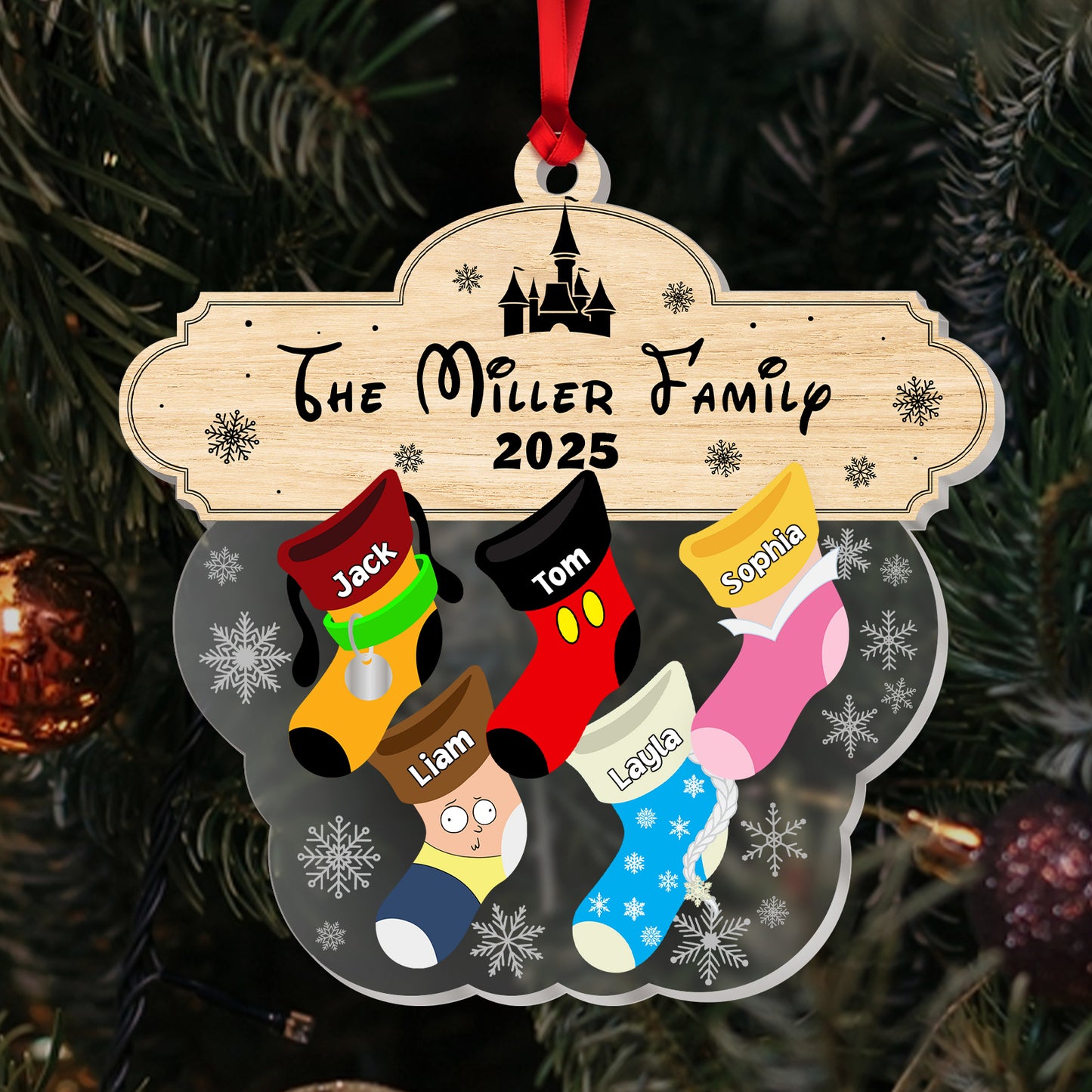 Custom acrylic family ornament featuring stockings with names for personalized holiday decor