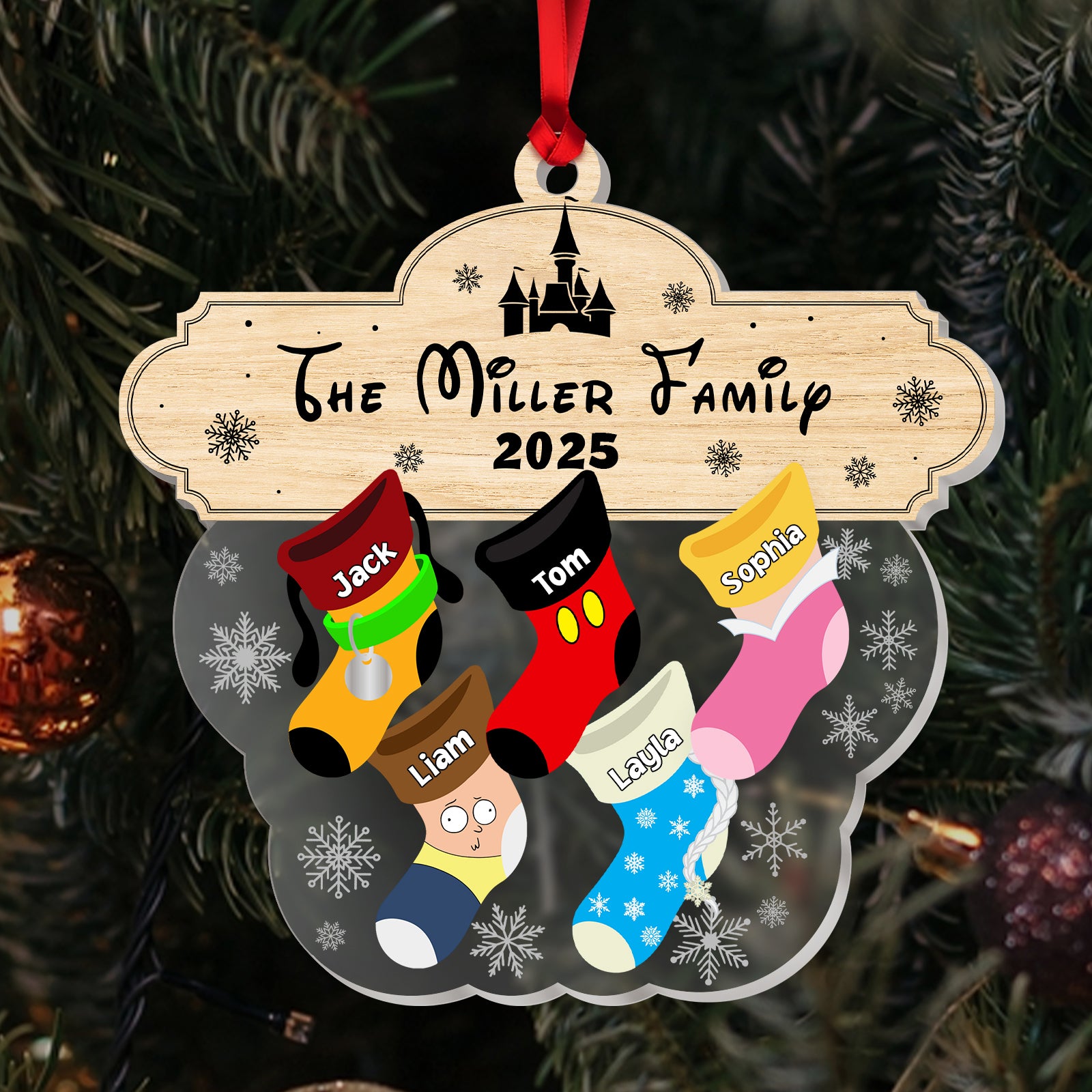 Custom acrylic family ornament featuring stockings with names for personalized holiday decor