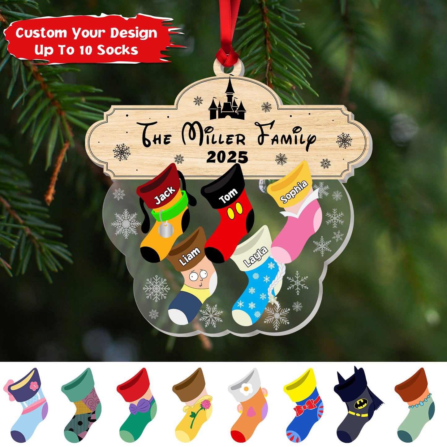 Custom acrylic family ornament featuring personalized stockings for each family member, 2025 design